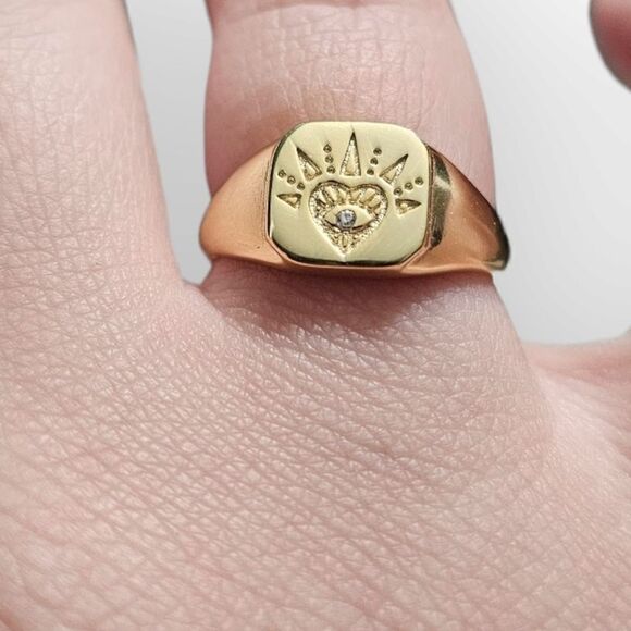 Open Heart Signet 18k Gold Plated Sterling Silver 925 Resizable Ring (Size 4-11) - Picture 11 of 15